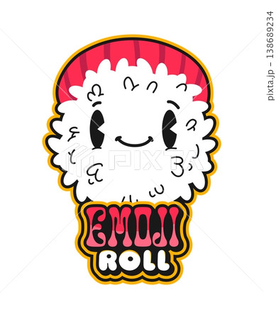 Japan restaurant sushi emoji roll vintage Y2K sticker or symbol. Japan seafood gourmet 60s 70s label, Asian menu delicacy Y2K vector patch. sushi meal sticker or tag with sushi roll emoji face Japan restaurant sushi emoji roll vintage Y2K sticker or symbol. Japan seafood gourmet 60s 70s label, Asian menu delicacy Y2K vector patch. sushi meal sticker or tag with sushi roll emoji face 138689234