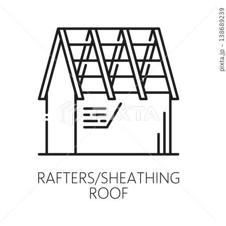 Home roof sheathing rafter repair line icon or pictogram. Cottage house construction service icon, home roof sheathing rafter outline vector sign. Property renovation company symbol or pictogram 138689239