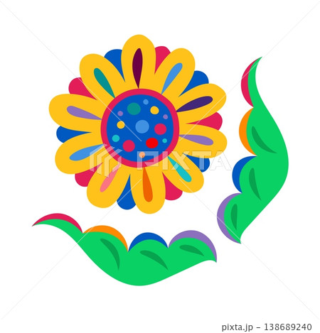 Mexican holiday abstract flower decoration or object with yellow and violet petals and green leaves. Mexico festival decoration, Mexican holiday floral vector element. Latin American folklore flower Mexican holiday abstract flower decoration or object with yellow and violet petals and green leaves. Mexico festival decoration, Mexican holiday floral vector element. Latin American folklore flower 138689240