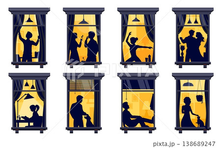 Neighborhood night windows with vector people silhouettes. Dancing person, couple smoking together, ballerina practicing, lovers embracing, girl studying, man with a dog, woman with cat Neighborhood night windows with vector people silhouettes. Dancing person, couple smoking together, ballerina practicing, lovers embracing, girl studying, man with a dog, woman with cat 138689247