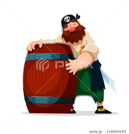 Cartoon pirate sailor character with wooden barrel of rum. Vector corsair hugging a large wooden cask, filled with alcohol drink. Funny fat sailor personage in bandana with skull exhibits joy and fun 138689249