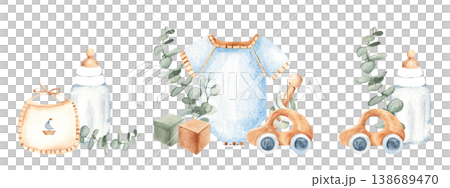 Watercolor baby essentials set with bodysuit, milk bottle and bib, wooden toy car and eucalyptus in soft pastel nursery style. Hand drawn illustration of baby essentials compositions. Perfect for 138689470