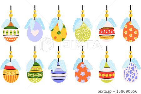 Colorful hanging Easter eggs set with decorative feathers, patterns, floral, geometric and abstract elements. Christian celebrations of the resurrection, Easter, Palm Sunday, religious symbols, church Colorful hanging Easter eggs set with decorative feathers, patterns, floral, geometric and abstract elements. Christian celebrations of the resurrection, Easter, Palm Sunday, religious symbols, church 138690656