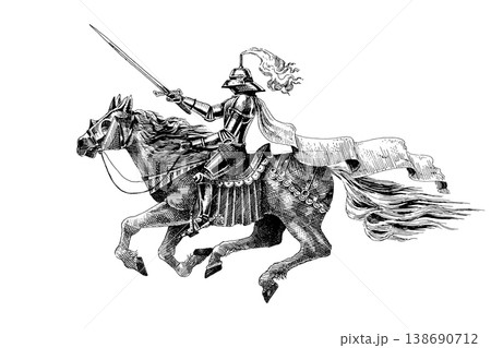 Medieval armoured knight horseback with a sword facing towards. Barded horse jumping in full armour Medieval armoured knight horseback with a sword facing towards. Barded horse jumping in full armour 138690712