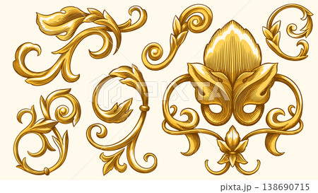 Vintage Baroque or renaissance hand drawn Victorian set of ornament floral elements engraved retro 138690715