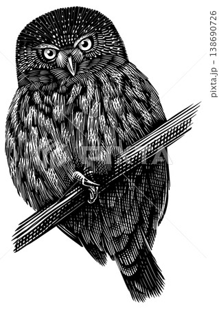 Realistic pygmy owl bird illustration drawing in traditional hand drawn style. Woodcut or engraving Realistic pygmy owl bird illustration drawing in traditional hand drawn style. Woodcut or engraving 138690726