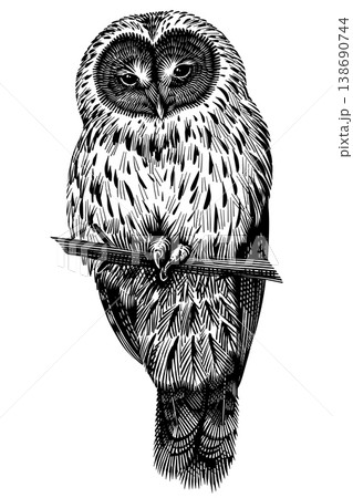 Realistic Ural owl bird illustration drawing in traditional hand drawn style. Woodcut or engraving Realistic Ural owl bird illustration drawing in traditional hand drawn style. Woodcut or engraving 138690744