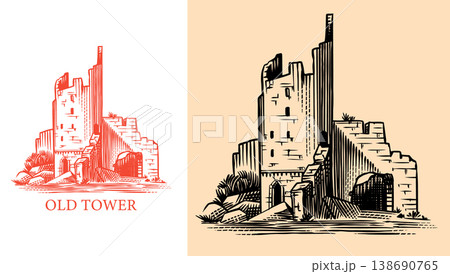 Old castle and tower of a medieval construction. Fortress or Chateau with ruins and walls. Hand Old castle and tower of a medieval construction. Fortress or Chateau with ruins and walls. Hand 138690765