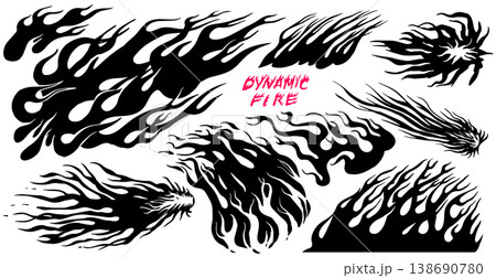 Set of silhouette flame and fire in vintage style. Hand drawn bonfire sketch. Vector clipart Set of silhouette flame and fire in vintage style. Hand drawn bonfire sketch. Vector clipart 138690780