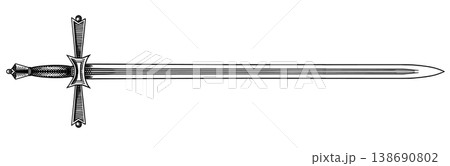 Original medieval or victorian 19 century sword and blade. Hand drawn engraving in traditional 138690802