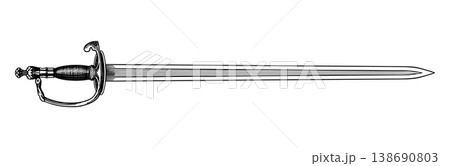 Original medieval or victorian 19 century sword and blade. Hand drawn engraving in traditional 138690803