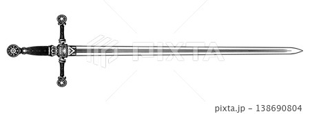 Original medieval or victorian 19 century sword and blade. Hand drawn engraving in traditional 138690804