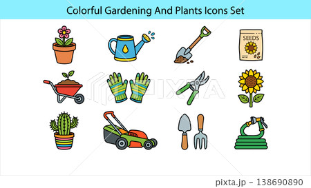 Colorful gardening and plants icons set with various tools and flowers on white background 138690890