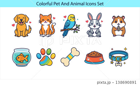 Colorful pet and animal icons set with dog, cat, bird, and other cute pets on white background 138690891