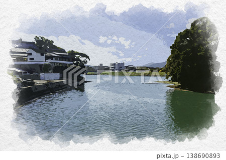 水彩画風 臼杵 大橋寺と臼杵川 大分県臼杵市 水彩画風 臼杵 大橋寺と臼杵川 大分県臼杵市 138690893