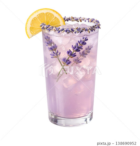 Refreshing iced lavender lemonade cocktail in a tall glass, garnished with a lemon wheel and delicate purple flowers, representing summer drinks and botanical flavors 138690952