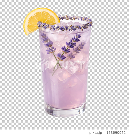 Refreshing iced lavender lemonade cocktail in a tall glass, garnished with a lemon wheel and delicate purple flowers, representing summer drinks and botanical flavors 138690952