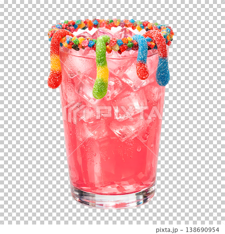 Fun and playful pink drink served in a glass with a colorful candy-coated rim and gummy worms dangling over the edge, representing whimsical party beverages 138690954