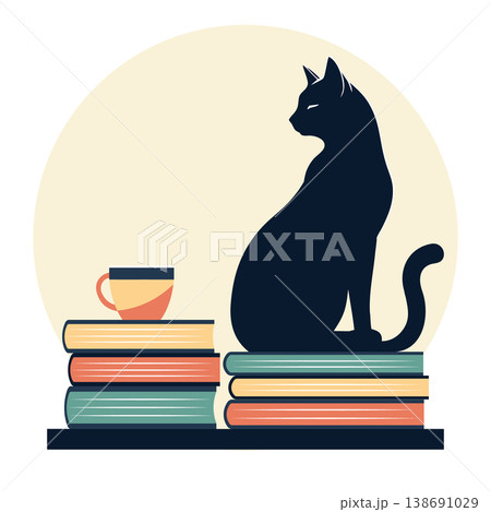 Black Cat Sitting on Stack of Books with Coffee Cup. Book lovers Illustration. 138691029