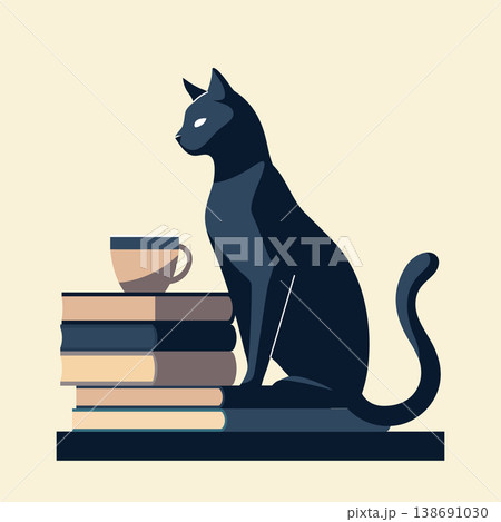 Black Cat Sitting on Stack of Books with Coffee Cup. Book lovers Illustration. 138691030