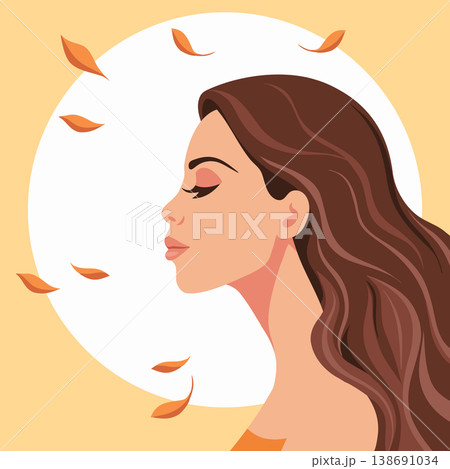 Profile of a serene woman with closed eyes and flowing brown hair and falling autumn leaves. Illustration, banner. 138691034