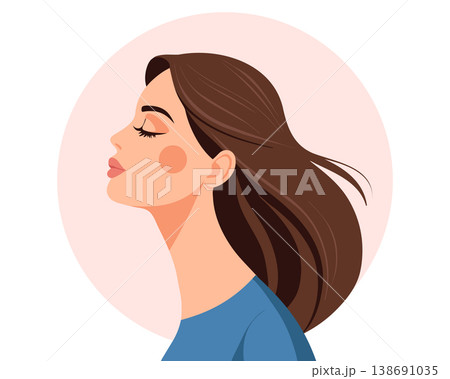 Profile of a serene woman with closed eyes and flowing brown hair. Illustration, banner, card. 138691035