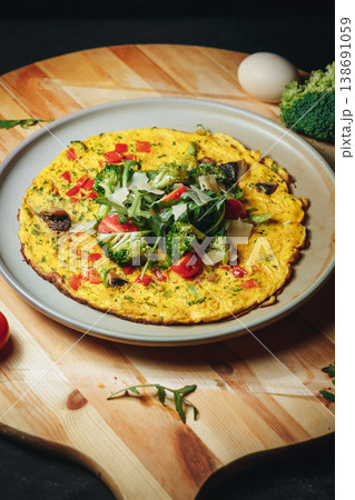 Healthy vegetable omelet with broccoli florets cherry tomatoes and parmesan shavings served on a ceramic plate over a wooden table. Healthy vegetable omelet with broccoli florets cherry tomatoes and parmesan shavings served on a ceramic plate over a wooden table. 138691059