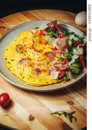 Delicious breakfast omelet with sausage slices served with a fresh salad of arugula prosciutto parmesan and cherry tomatoes on a wooden table. Delicious breakfast omelet with sausage slices served with a fresh salad of arugula prosciutto parmesan and cherry tomatoes on a wooden table. 138691068