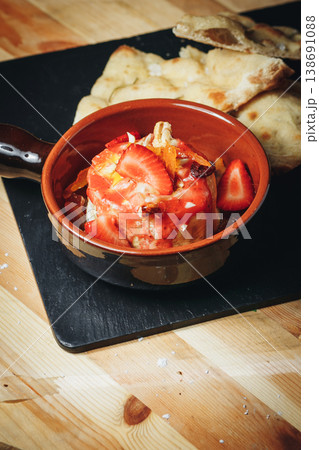 Delicious strawberry cheesecake dessert in a rustic clay pot topped with fresh berry slices and sweet sauce served with flatbread on a wooden table. Delicious strawberry cheesecake dessert in a rustic clay pot topped with fresh berry slices and sweet sauce served with flatbread on a wooden table. 138691088