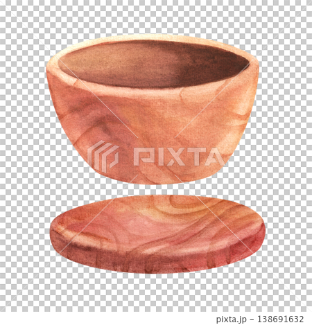 Wooden utensils with a stand, isolated watercolor illustration. Hand drawn illustration of kitchen utensils with a wooden texture for salad preparation for menu design, cafes, and cookbooks. 138691632