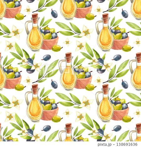 Olive oil in a glass jug with a wooden bowl of fruits watercolor seamless pattern. Hand drawn illustration of Mediterranean food and plants for festival design, print, and fabric. 138691636