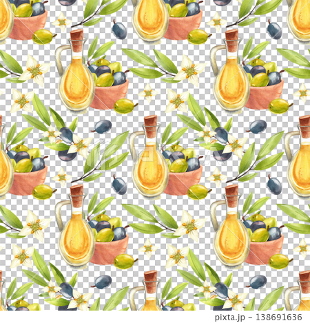 Olive oil in a glass jug with a wooden bowl of fruits watercolor seamless pattern. Hand drawn illustration of Mediterranean food and plants for festival design, print, and fabric. 138691636