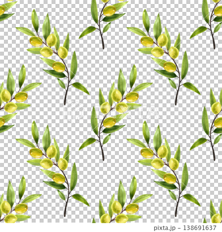 Green olive tree branches watercolor seamless pattern. Hand drawn illustration of Mediterranean food, plants with ripe fruits for festival design, cards, and fabric. Green olive tree branches watercolor seamless pattern. Hand drawn illustration of Mediterranean food, plants with ripe fruits for festival design, cards, and fabric. 138691637