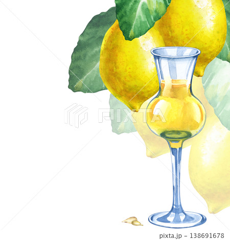 Watercolor Italian limoncello corner frame. Elegant glass with liqueur, whole lemons on branch with leaves on white. Watercolor Italian limoncello corner frame. Elegant glass with liqueur, whole lemons on branch with leaves on white. 138691678