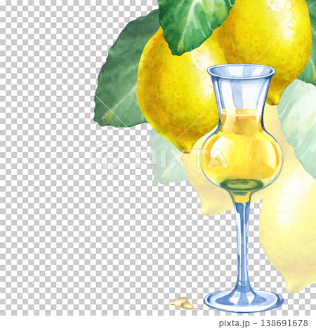 Watercolor Italian limoncello corner frame. Elegant glass with liqueur, whole lemons on branch with leaves on white. Watercolor Italian limoncello corner frame. Elegant glass with liqueur, whole lemons on branch with leaves on white. 138691678