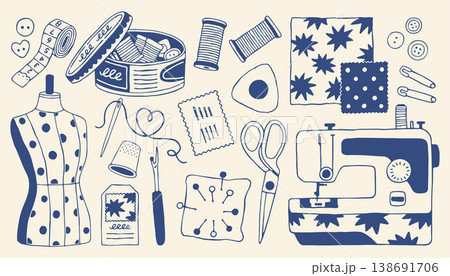 Hand drawn vector sewing kit set in Mediterranean blue. Features sewing machine, mannequin, scissors, and tools. Vintage craft icons for tailor shop, DIY atelier, and needlework hobby design 138691706