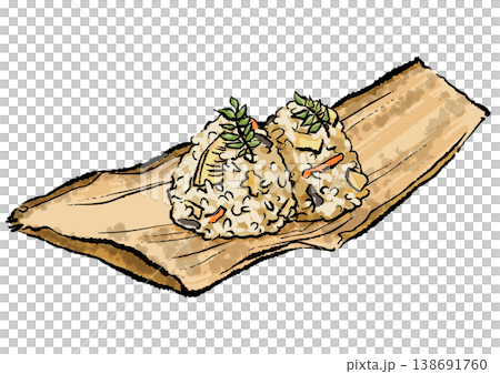 竹皮に乗せたたけのこご飯のおにぎり 手描き筆タッチのイラスト 竹皮に乗せたたけのこご飯のおにぎり 手描き筆タッチのイラスト 138691760