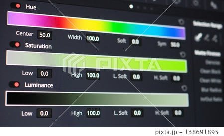 Color grading control panel. Close up of professional video color grading tools on a monitor. RGB waveform scopes hue controls color wheels adjustments. Editing post production and filmmaking concepts 138691895
