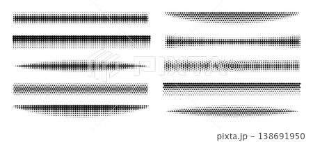 Halftone line dividers with dot pattern texture. Gradient borders and faded edges for modern graphic design. Creative vector separator collection. 138691950