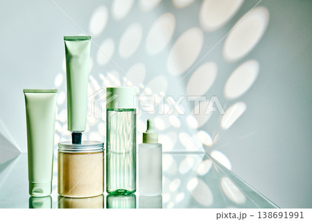 Skincare product bottles showing cosmetic innovation and healthy lifestyle Skincare product bottles showing cosmetic innovation and healthy lifestyle 138691991