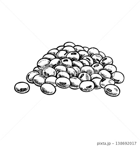 A pile of soybeans. Black and white vector graphic illustration. Isolate. Perfect for creating product labels, posters, banners, menus, and more. 138692017
