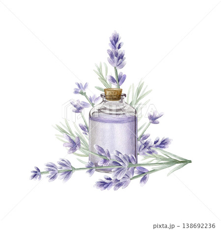 Lavender essential oil bottle with flowers watercolor illustration. Organic cosmetic glass jar with lavender sprigs for aromatherapy, spa design and wellness branding. Isolated on white background. Lavender essential oil bottle with flowers watercolor illustration. Organic cosmetic glass jar with lavender sprigs for aromatherapy, spa design and wellness branding. Isolated on white background. 138692236