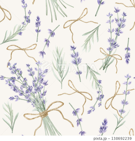 Lavender watercolor seamless pattern with twine bows. Rustic botanical background with purple bouquets for wedding stationery, organic cosmetic packaging, textile and home decor design. Lavender watercolor seamless pattern with twine bows. Rustic botanical background with purple bouquets for wedding stationery, organic cosmetic packaging, textile and home decor design. 138692239