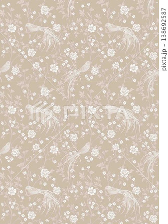Collection of elegant vintage watercolor floral and bird seamless patterns with soft muted tones 138692587