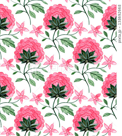 Watercolor seamless pattern of floral ornaments in an oriental style. pink flowers 138692668