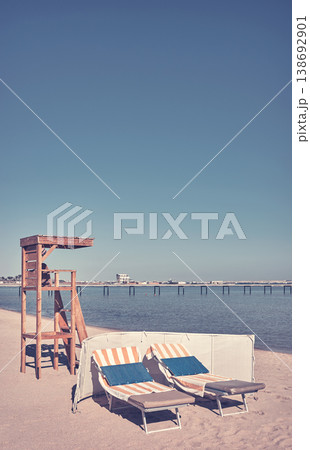 Wooden beach lifeguard tower in Hurgada, color toning applied, Egypt. 138692901
