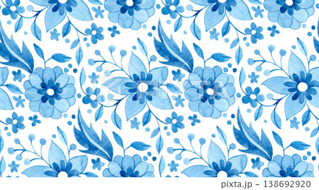 Watercolor seamless pattern of blue floral ornaments. tile Watercolor seamless pattern of blue floral ornaments. tile 138692920
