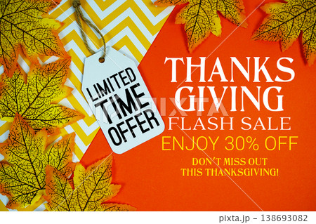 Thanksgiving Sale 30% Off and Limited Time offer with Price Tag on orange background 138693082