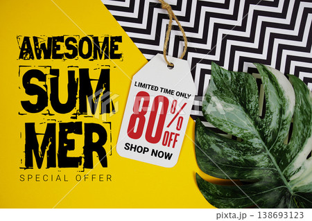Awesome Summer Deals 80% with Price tag and summer decorations on yellow background Awesome Summer Deals 80% with Price tag and summer decorations on yellow background 138693123