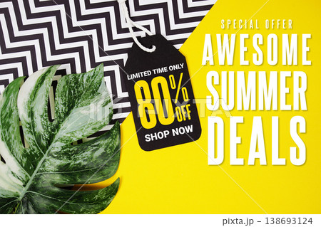 Awesome Summer Deals 80% with Price tag and summer decorations on yellow background 138693124